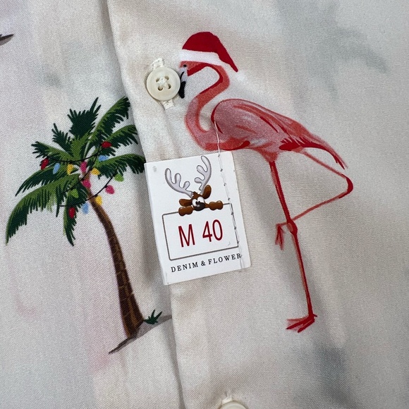 Christmas Holiday Shirt Beach Flamingos Mens MEDIUM Denim & Flower Ricky Singh - Picture 6 of 14